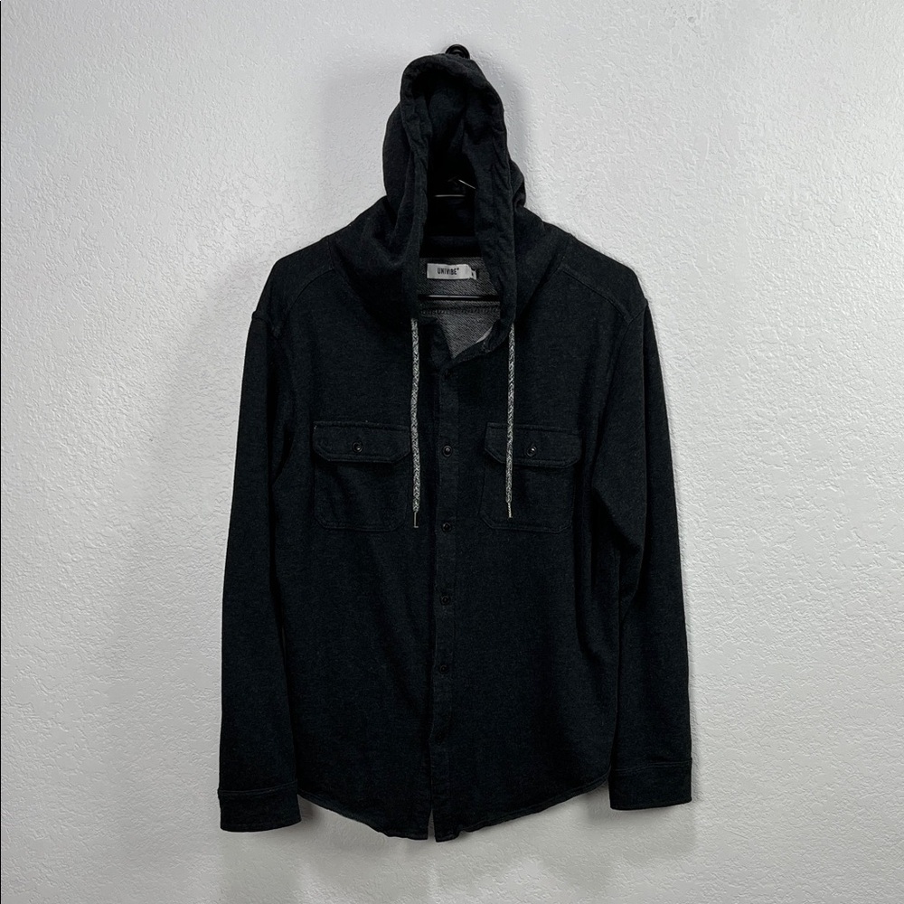 Univibe Men's Button Up Hooded Charcoal Gray Sz M Utility Heavy Shirt Drawstring